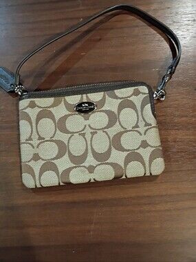 Coach Signature Canvas Wristlet in Khaki and Brown